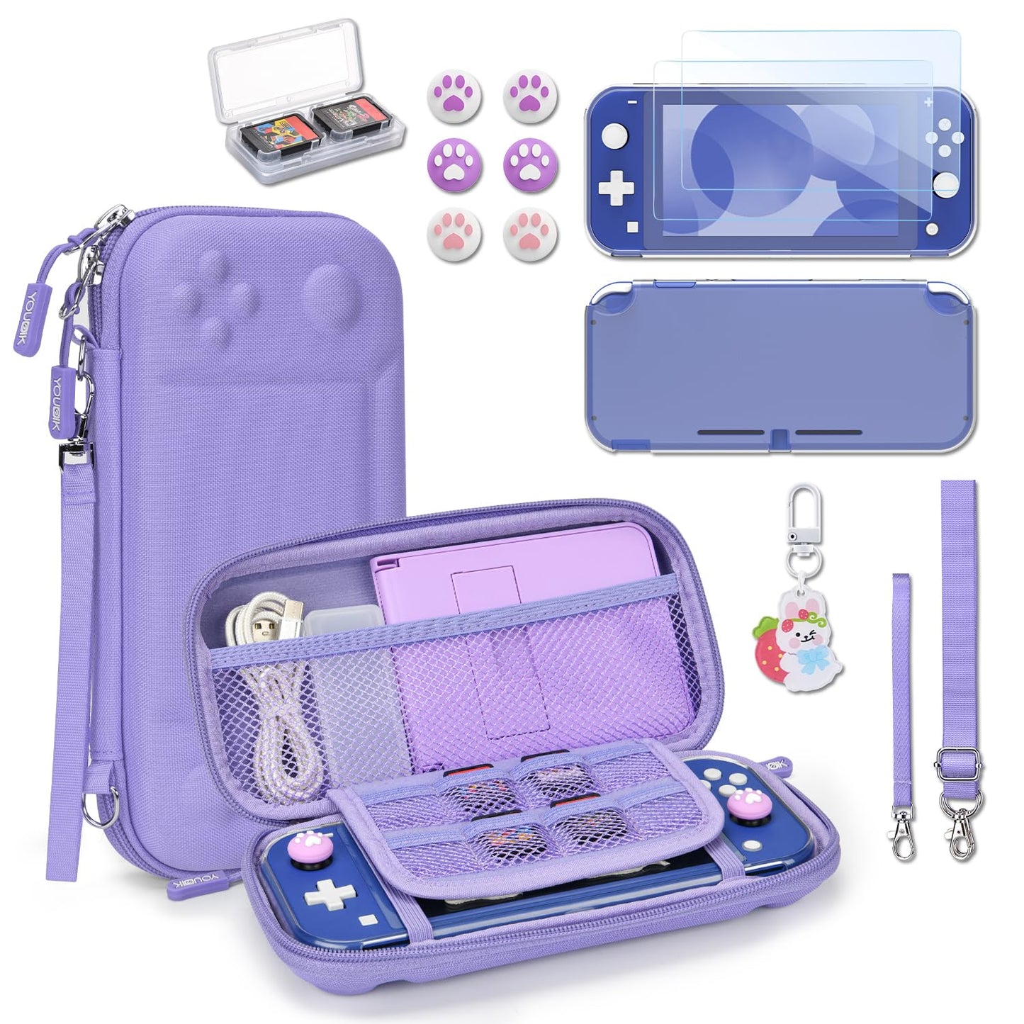 Younik Switch Lite Case  Portable Switch Lite Carrying Case  14 in 1 Accessories Kit with Carrying Case  Protective Cover  Game Card Case  Screen Protectors  Thumb Grips  Pendant and straps (Purple)