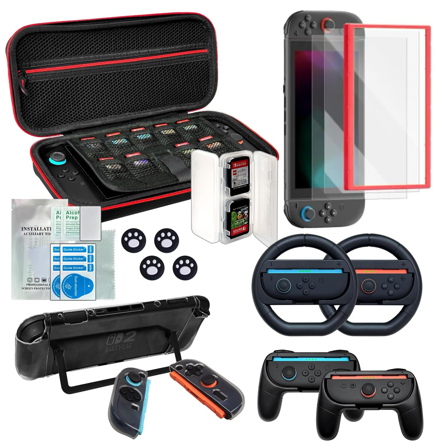 Switch 2 Accessories Bundle for Nintendo  18 in 1 Game Kit: Travel Carry Case Screen Protector with Alignment Frame Steering Wheels for Mario Kart Grips for Joycon Controller Console Protective Cover