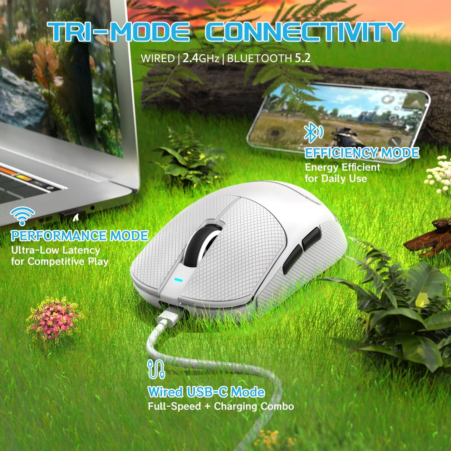 MAMBASNAKE X8 Plus Wireless Gaming Mouse - 55g Lightweight, Ergonomic, 40K DPI, 150h Battery, White With Tape