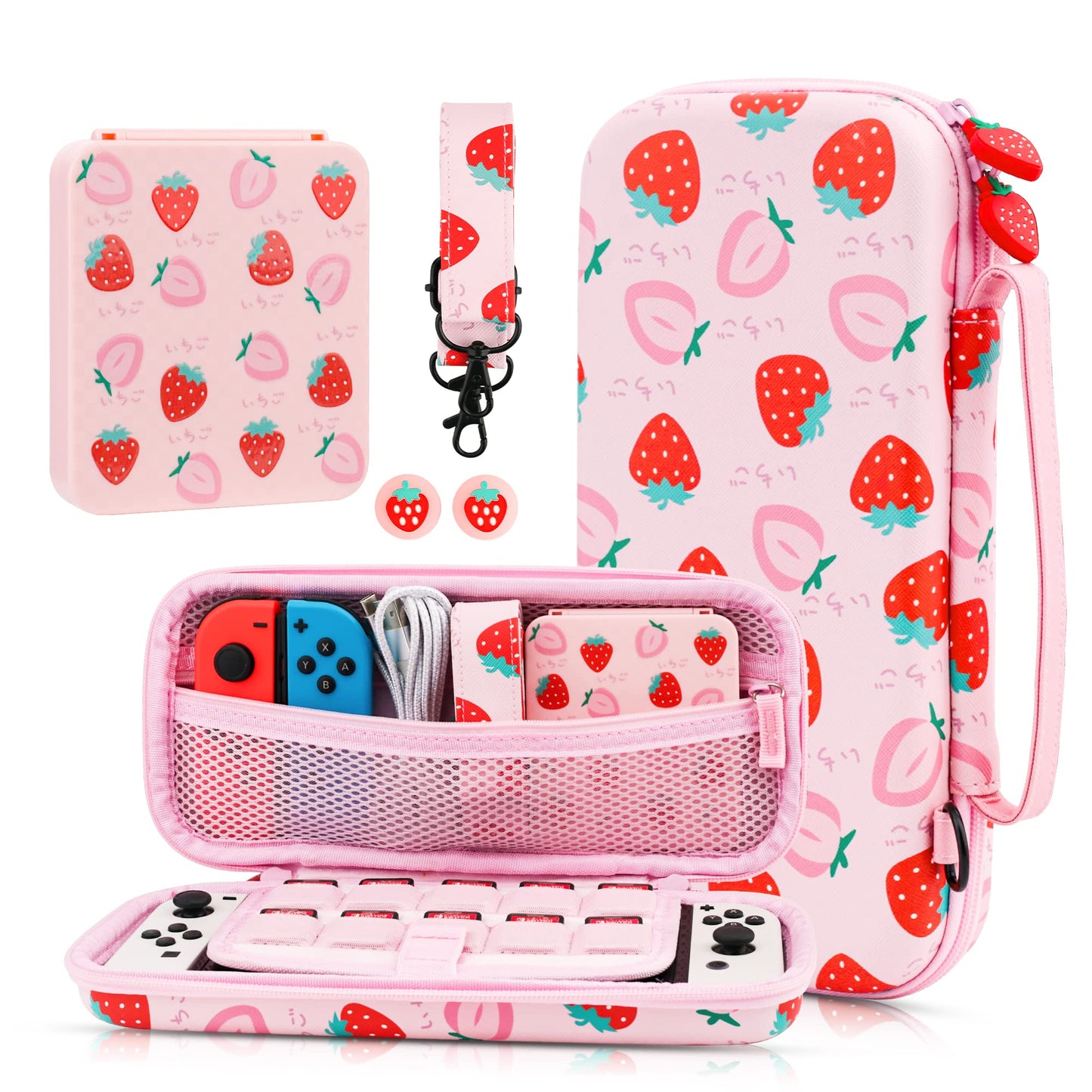 GLDRAM Pink Strawberry Carrying Case for Nintendo Switch & OLED Modle  Portable Switch Travel Protector with Cute Game Card Case  Shoulder Strap & 2 Thumb Caps  Switch Accessories Bundle for Girls