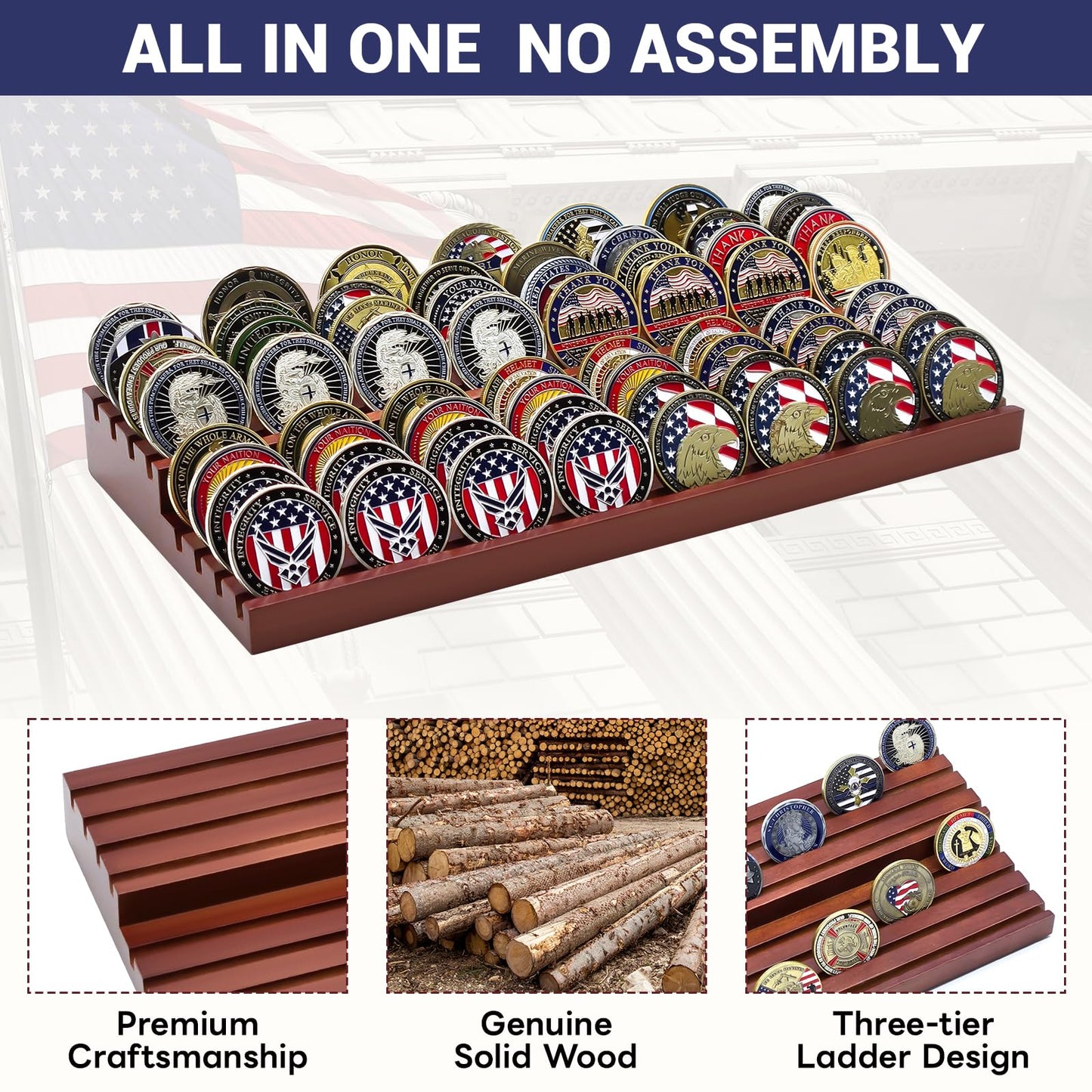 PiaoHao Solid Wood Two-Tier Challenge Coin Display Stand, Holds 50-64 Coins, Brown Wooden Army Collectible Holder