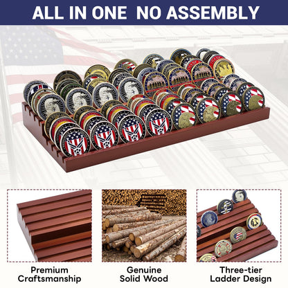 PiaoHao Solid Wood Two-Tier Challenge Coin Display Stand, Holds 50-64 Coins, Brown Wooden Army Collectible Holder
