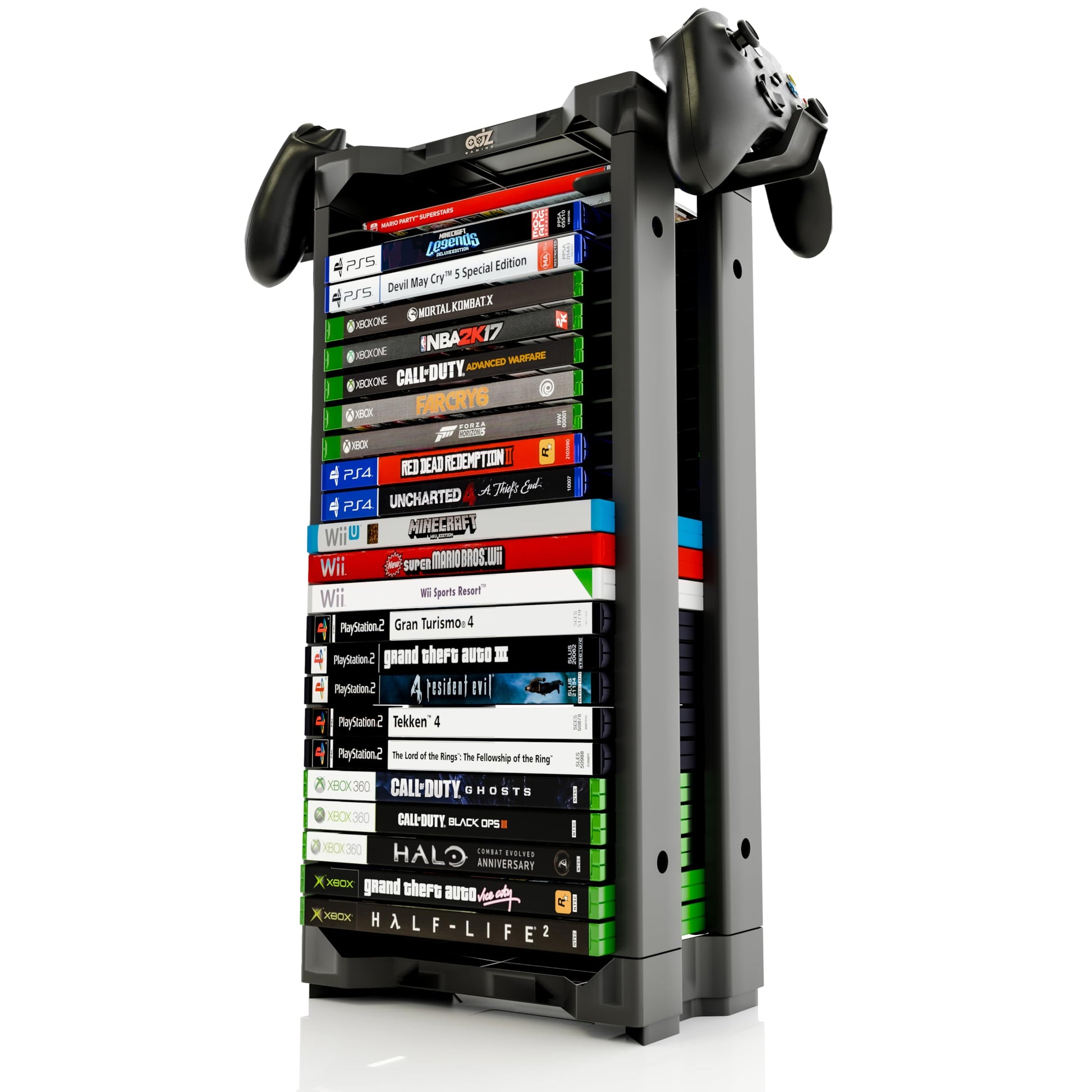 ADZ Universal Game Holder - 23 Game Storage Tower Rack for PS2 PS3 PS4 PS5 PSP Xbox 360 Xbox One Series X Wii Switch Games DVD and Blu-Ray Disks. Includes 2 Controller Mounts (Black)