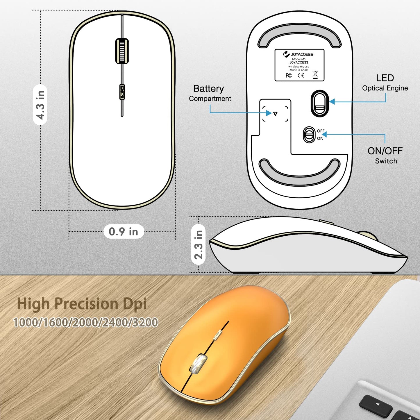JOYACCESS Wireless Mouse - 2.4G, Silent Click, 3200 DPI, Orange, Model XRF-M1B-OG - Ideal for Laptop, Mac, PC, Notebook