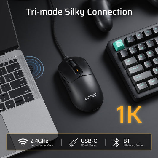 LTC GM024 Tri-Mode Wireless Gaming Mouse - 59g Ultra-Light, 2.4GHz/BT/Wired, 8000 DPI, 5 Programmable Buttons, Black