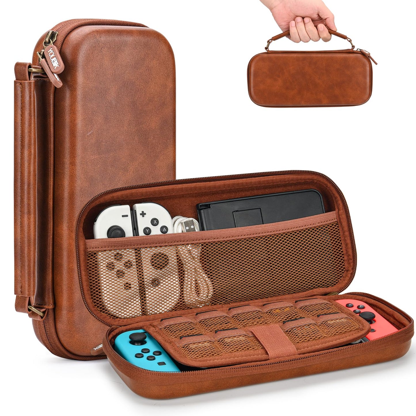 Younik Switch Case for NS Switch and Switch OLED  PU Leather Portable Travel Case with 9 Games Slots  Brown