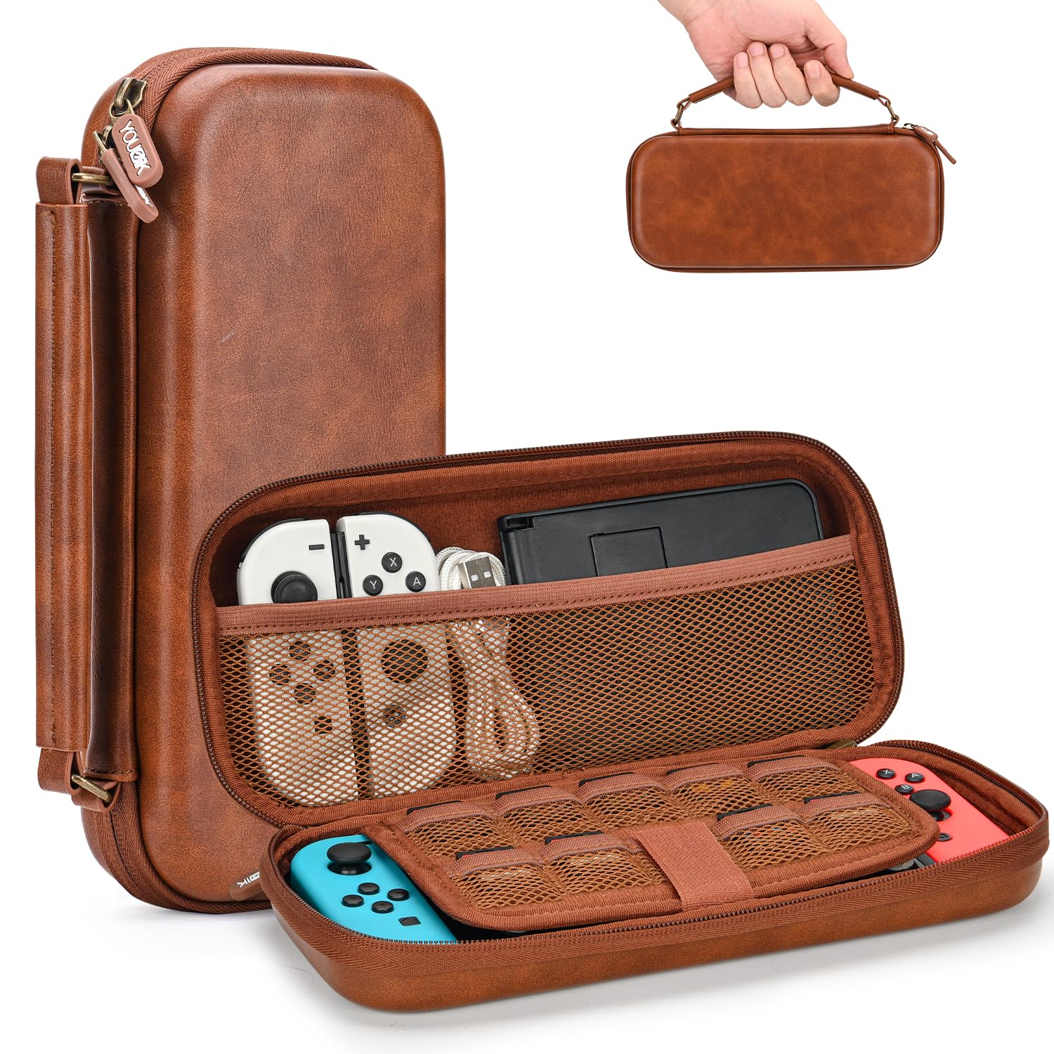 Younik Switch Case for NS Switch and Switch OLED  PU Leather Portable Travel Case with 9 Games Slots  Brown