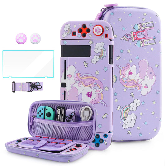HYPERCASE Purple Switch Carrying Case for Unicorn  Cute Accessories Bundle Kit for Nintendo Switch Travel Bag  Soft Switch Cover Skin  Screen Protector  Shoulder Strap & 2 Thumb Caps