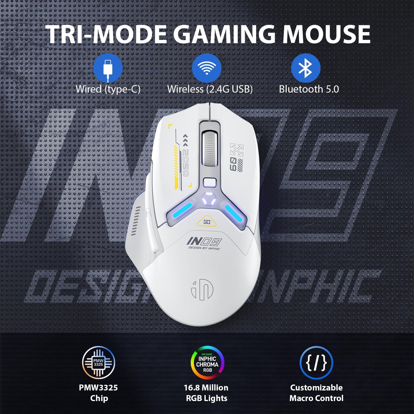 INPHIC IN9 Wireless Gaming Mouse - Tri-Mode Bluetooth, 2.4G, 10000 DPI, RGB Backlit, Gray