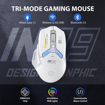 INPHIC IN9 Wireless Gaming Mouse - Tri-Mode Bluetooth, 2.4G, 10000 DPI, RGB Backlit, Gray