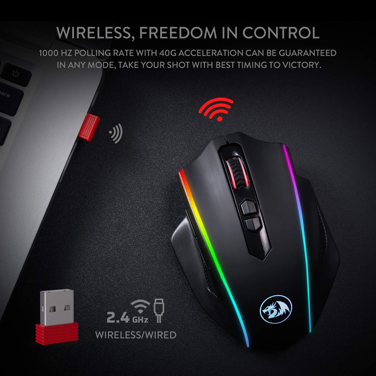 Redragon M686 Wireless Gaming Mouse, 16000 DPI, RGB Backlight, Black, Customizable Macro, 45-Hour Battery for PC/Mac/Laptop