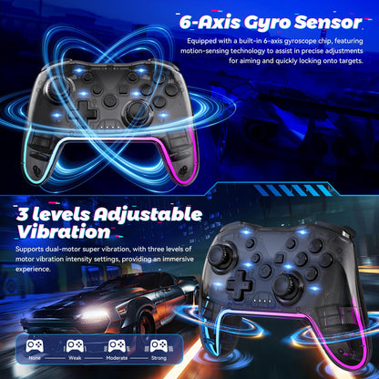 Twylyte Wireless Controller for Switch/Lite/OLED & PC - RGB Backlight, Turbo & Vibration, Transparent Black