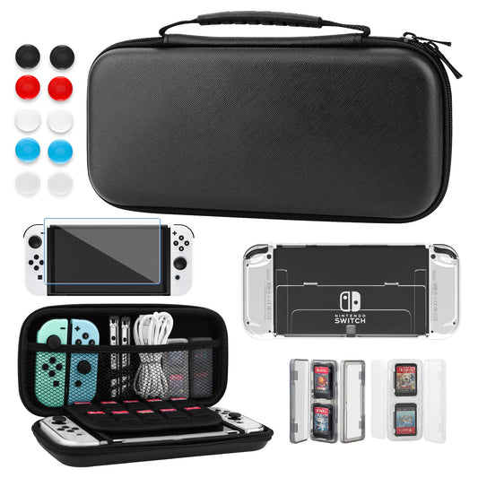 GLDRAM Black Carrying Case for Nintendo Switch OLED Model  15 in 1 Accessories Bundle with Portable Switch OLED Travel Case  Clear Protective Cover Shell  2 Mini Card Holder  Screen Protector & 10 Thumb Grips
