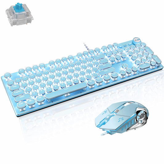 Basaltech Mechanical Gaming Keyboard and Mouse Combo  Retro Steampunk Vintage Typewriter-Style Keyboard with LED Backlit  104-Key Anti-Ghosting Blue Switch Wired USB Metal Panel Round Keycaps  Blue