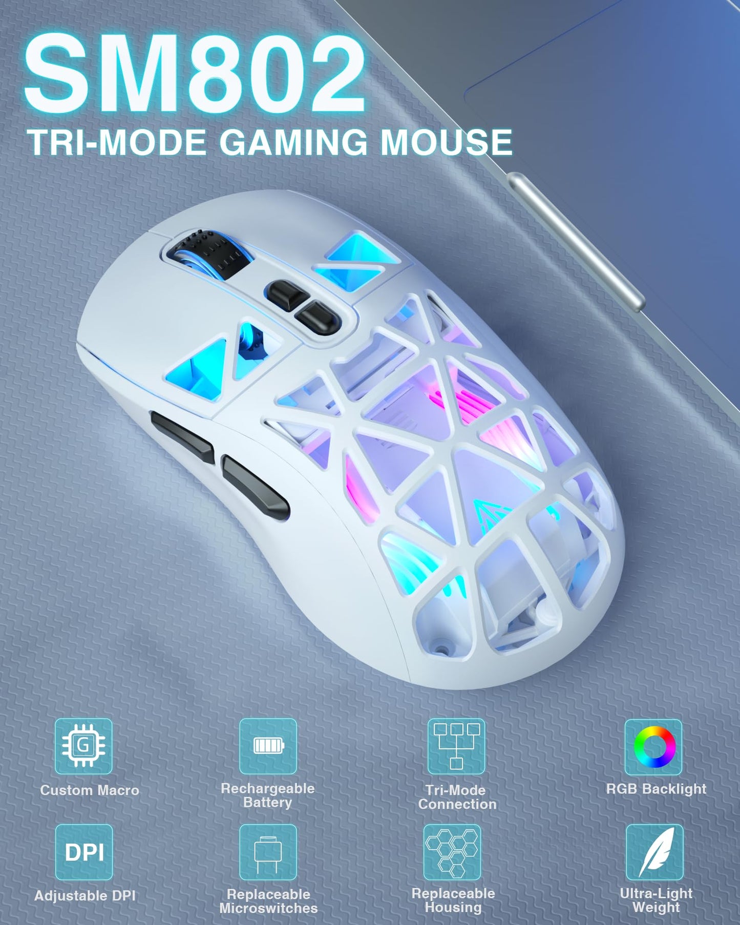 SOLAKAKA SM802 White Wireless Gaming Mouse, 10000 DPI, Tri-Mode, RGB, Programmable Macro, Side Button, for Laptop