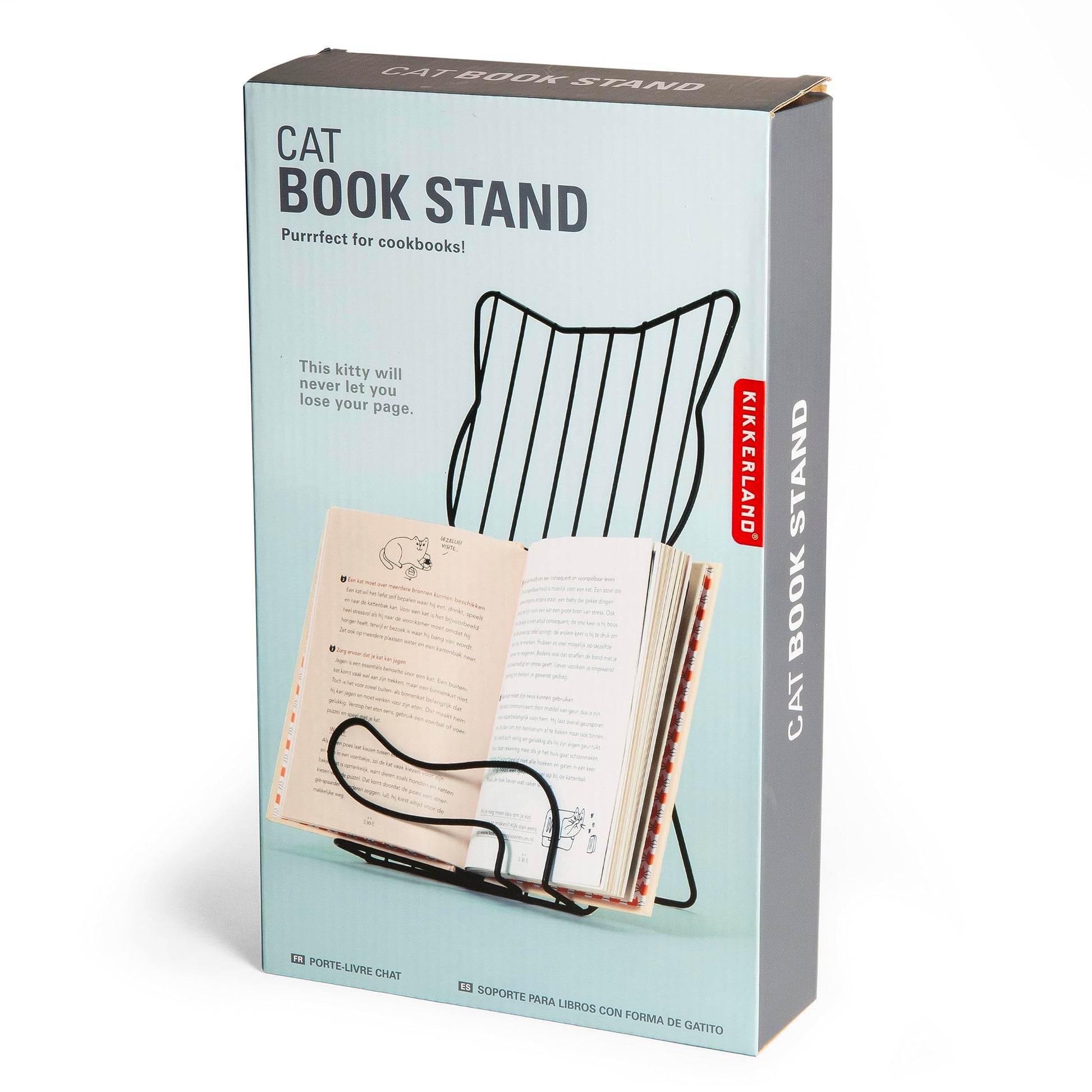 Kikkerland Cat Cookbook Stand - Metal Recipe Holder, Gray/Silver, Model OR124