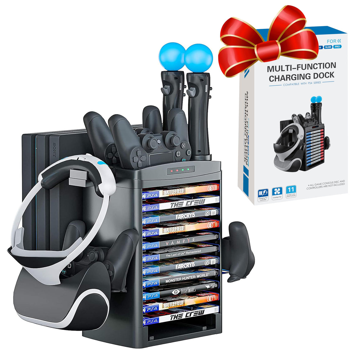 Skywin- Charging Station Compatible with PS4 VR Headset  PSVR Charging Station Stand with Game Disc Rack  Headset and Console Stand  Cooling Fan  Controller Charger and USB Hub - Multipurpose VR Stand