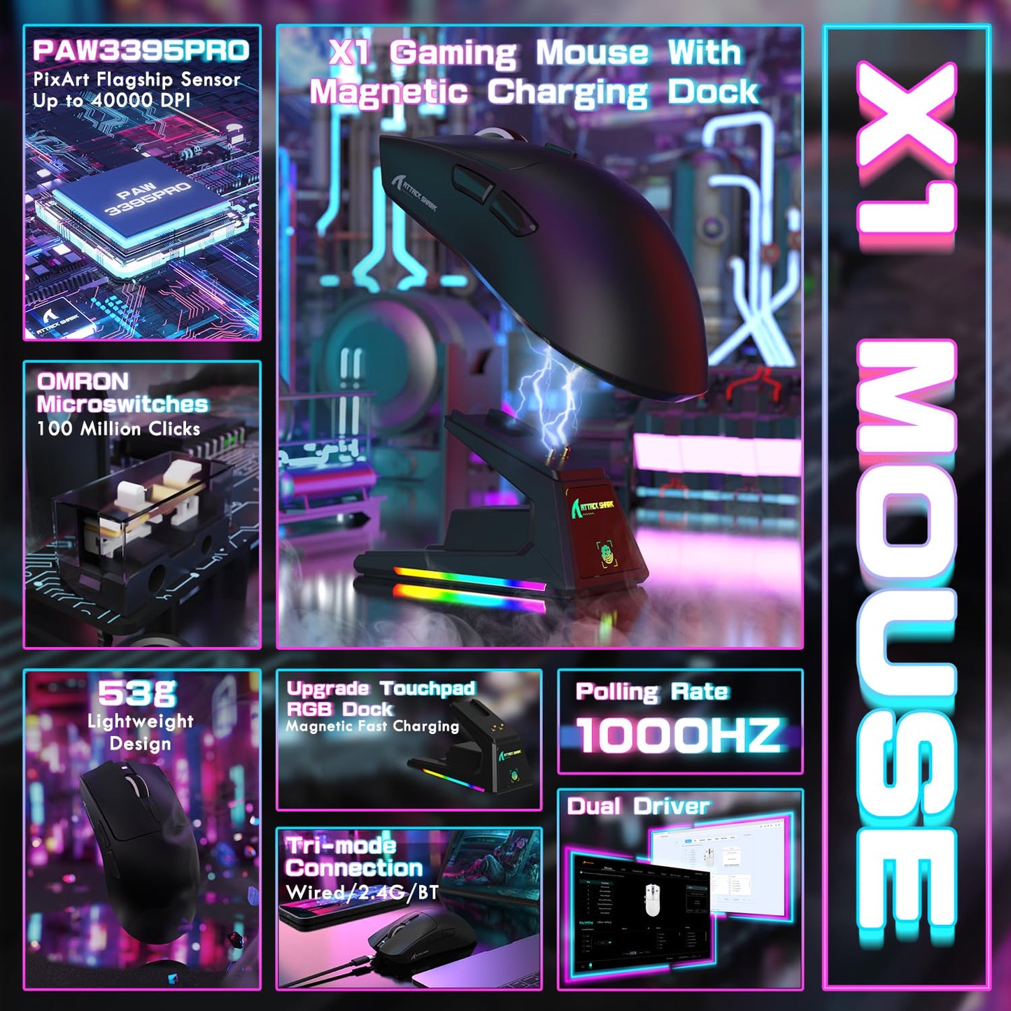 ATTACK SHARK X1 Ultralight Wireless Gaming Mouse - 40000DPI, RGB Dock, Anti-Slip Grip, Black