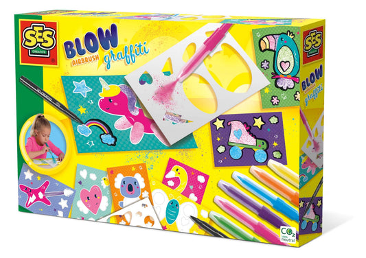 SES Creative Blow Airbrush Graffiti Kit - DIY Art Set with 6 Pens & Templates, Multicolor, Model 14759, Ages 6+