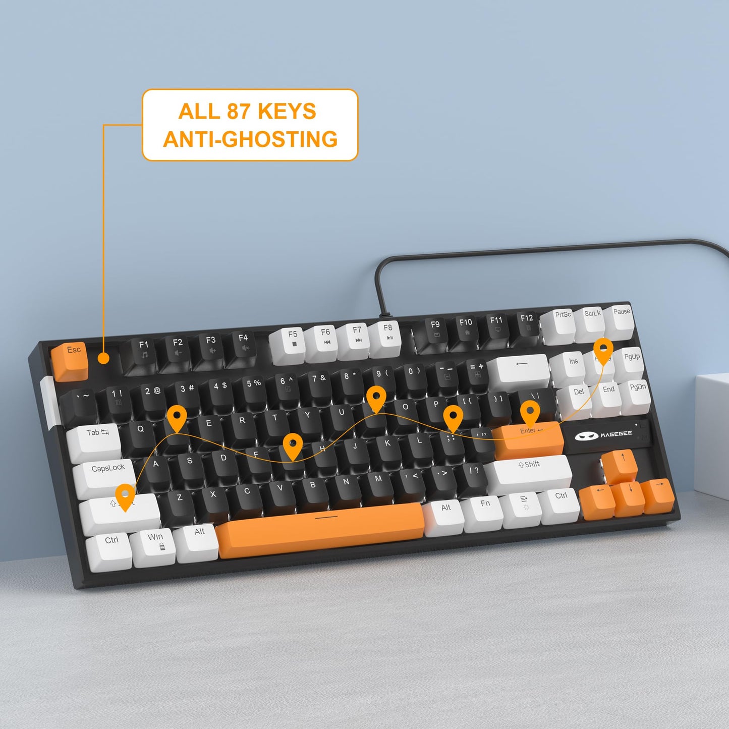 MageGee 75% Mechanical Gaming Keyboard, Brown Switch, LED White Backlit, TKL Wired, Compact Design, Black/White