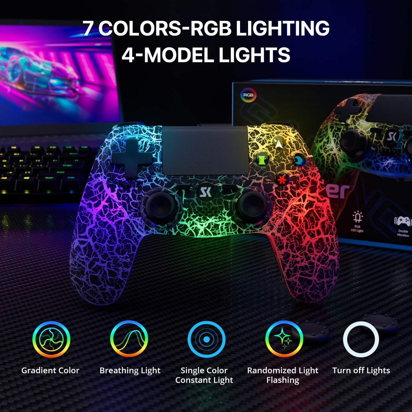 ISHAKO PS4 Wireless Controller with 1000mAh Battery, RGB Lighting & Vibration, Black - Compatible with PlayStation 4/Pro/Slim/PC