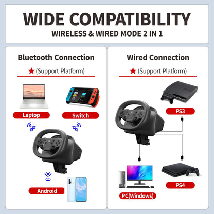 DOYO Gaming Steering Wheel, 270° Wireless Racing Wheel with Dual-Vibration for PS4, PC, Switch - Black, Model KT820D-Pedal