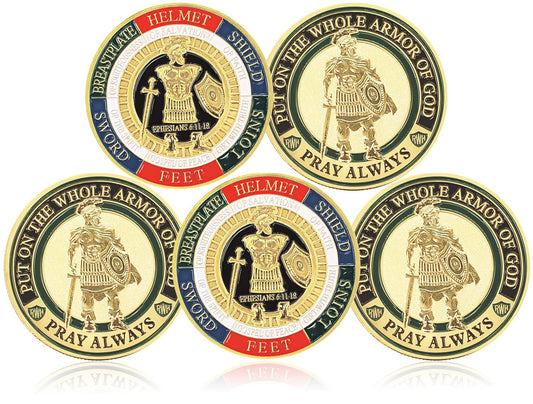5 Pieces Armor of God Gold Plated Challenge Coins Prayer Commemorative Collector Coins