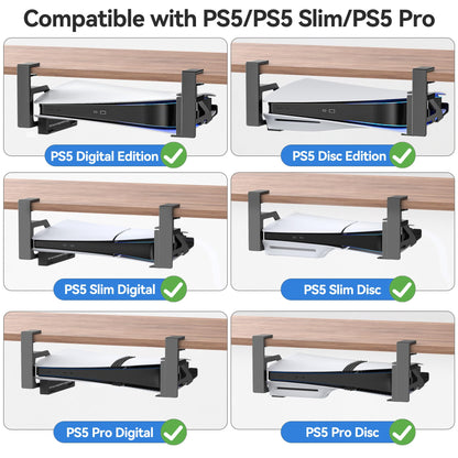 Kosker PS5 Under Desk Mount - Metal Clamp Holder for PS5/Slim/Pro, Black, Model KO-P5317X