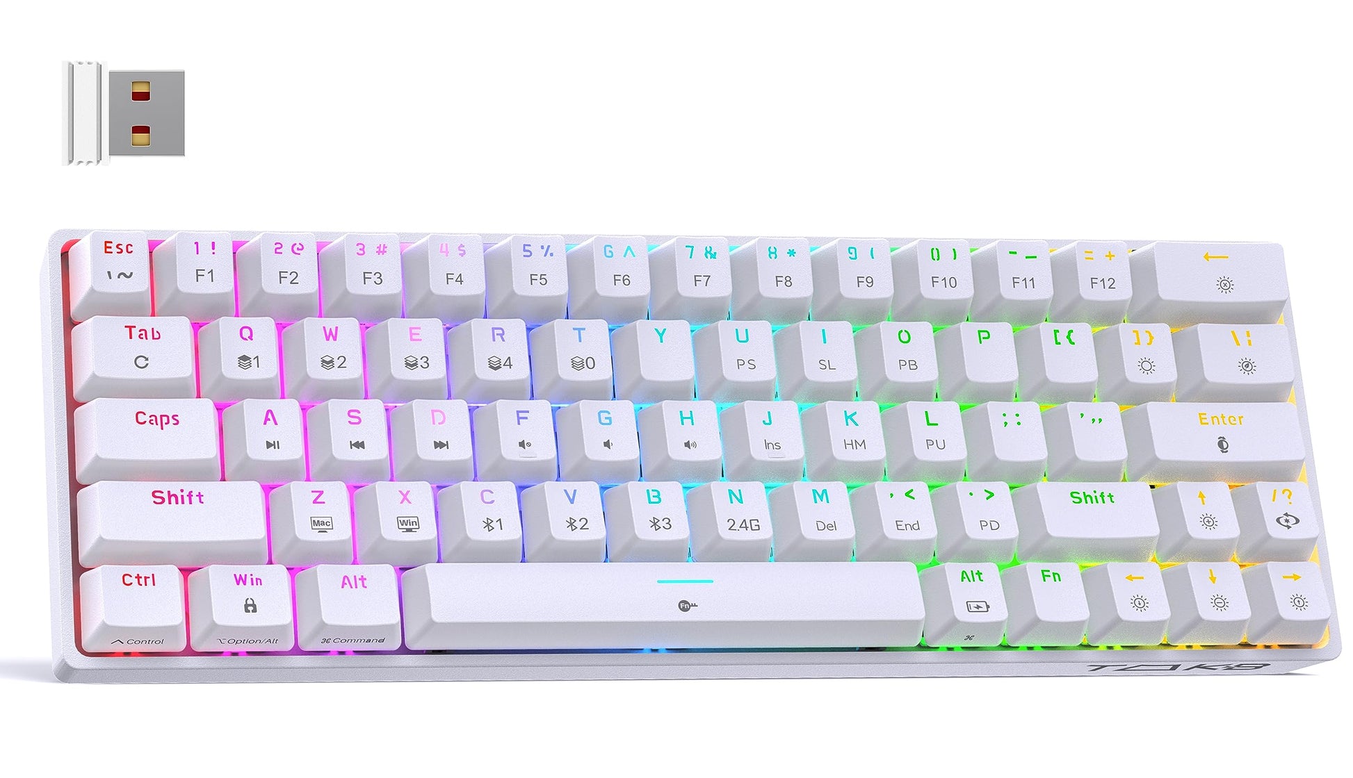 DIERYA T63 60% Wireless Mechanical Gaming Keyboard | Bluetooth/2.4G/Wired Keyboard | RGB Backlit Compact 63 Keys Mini Office Keyboard | with Red Switch | for Windows Laptop PC Gamer Typist-White