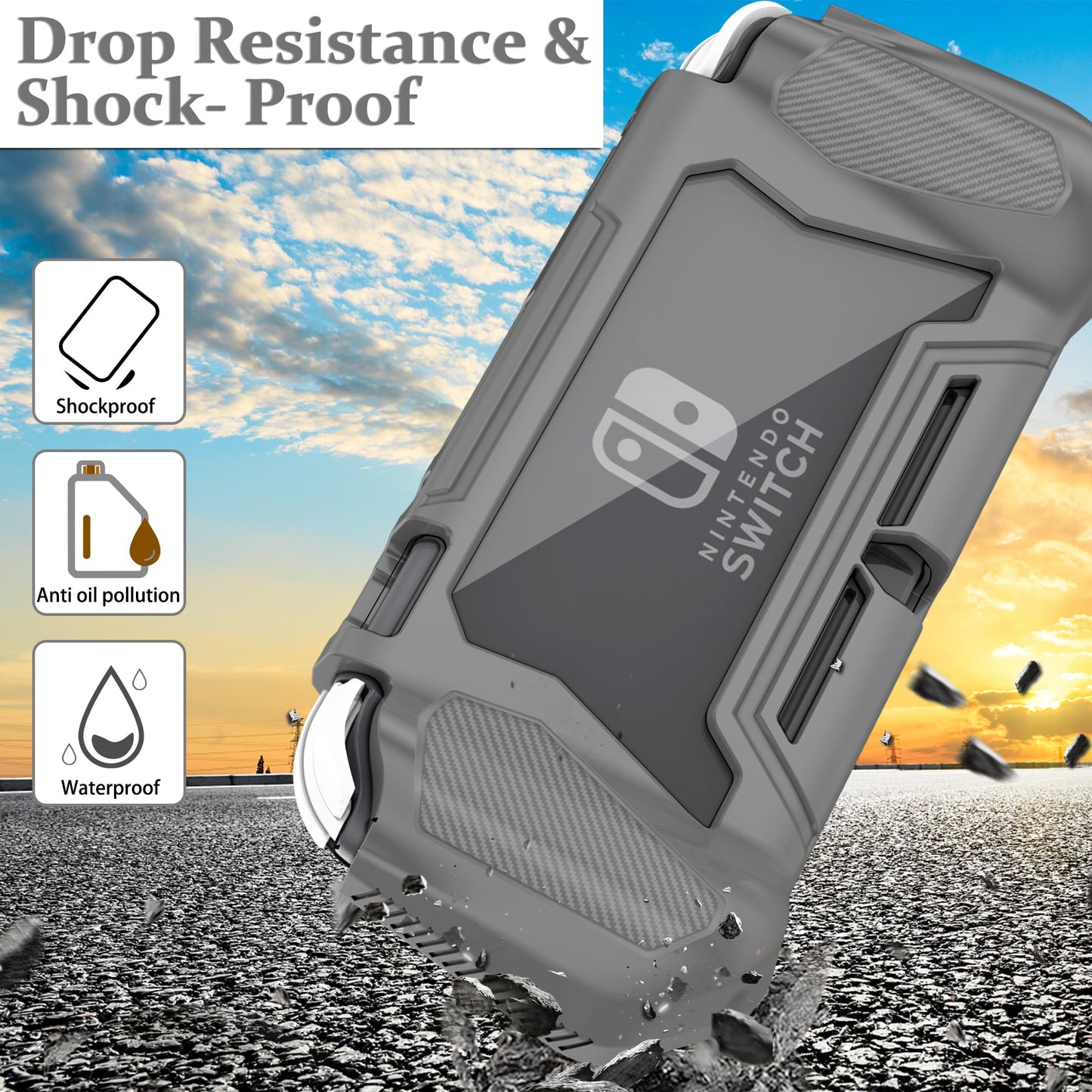 Kailfee Switch Lite Case - Protective Hand Grip with TPU, PC Screen Protector, 2 Thumb Caps - Gray