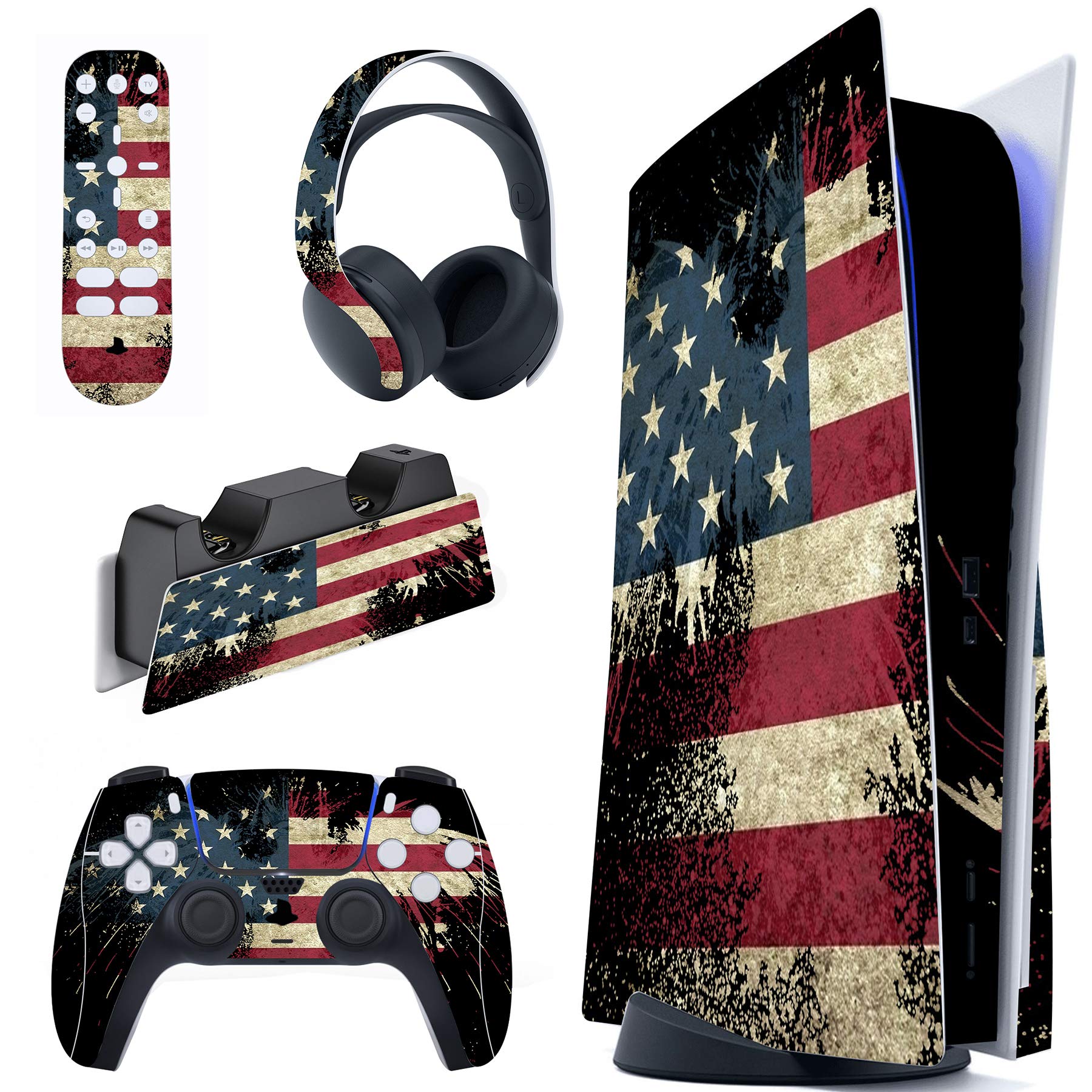 PlayVital US Flag The Stars & Stripes Full Set Skin Decal for ps5 Console Disc Edition  Sticker Vinyl Decal for ps5 Controller & Charging Station & Headset & Media Remote