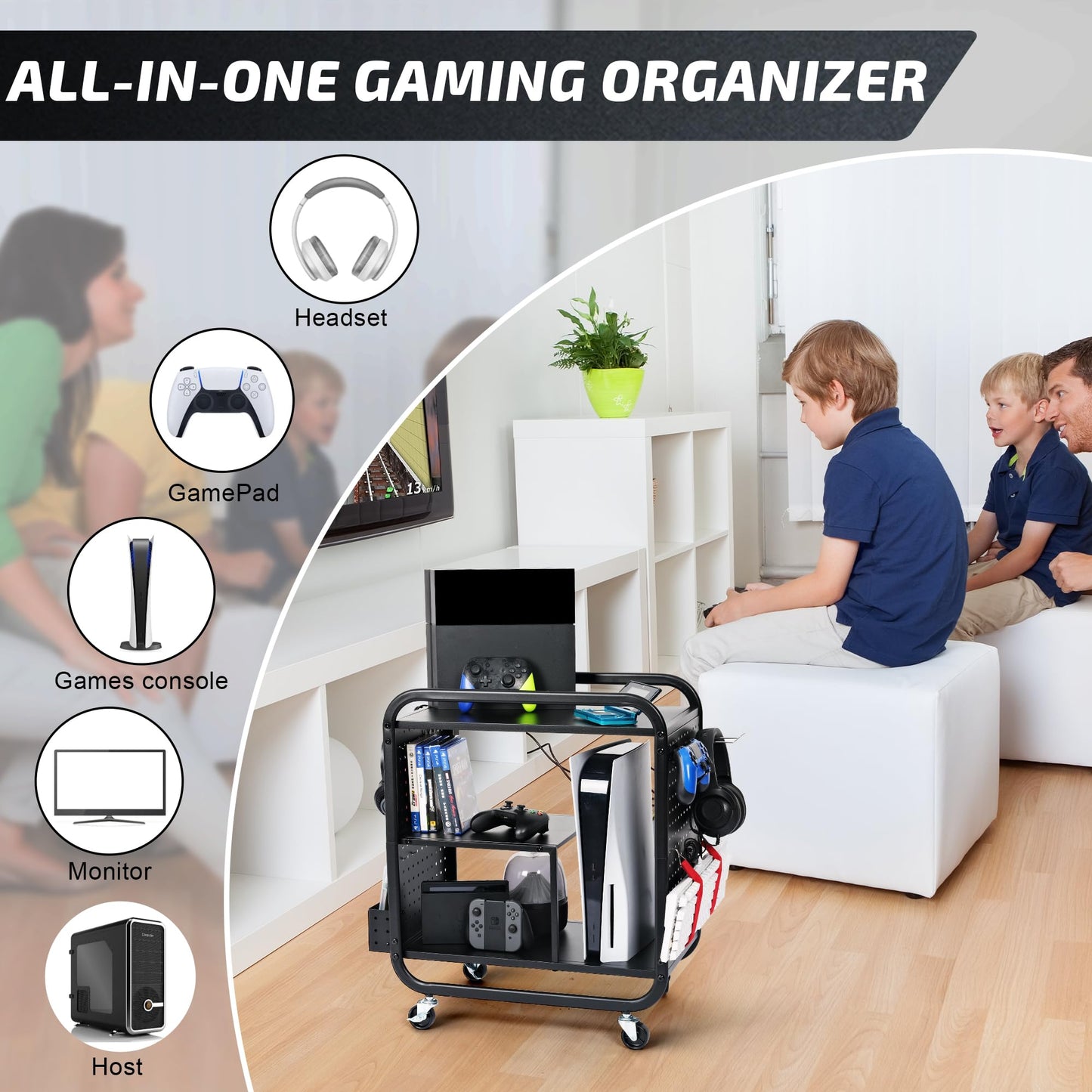 PLKOW Video Game Organizer, Rolling Rack for Xbox/PS4/PS5, 26"H x 23.6"L x 12.6"W, Black, Model P548, Ideal
