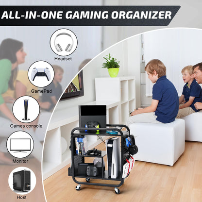 PLKOW Video Game Organizer, Rolling Rack for Xbox/PS4/PS5, 26"H x 23.6"L x 12.6"W, Black, Model P548, Ideal
