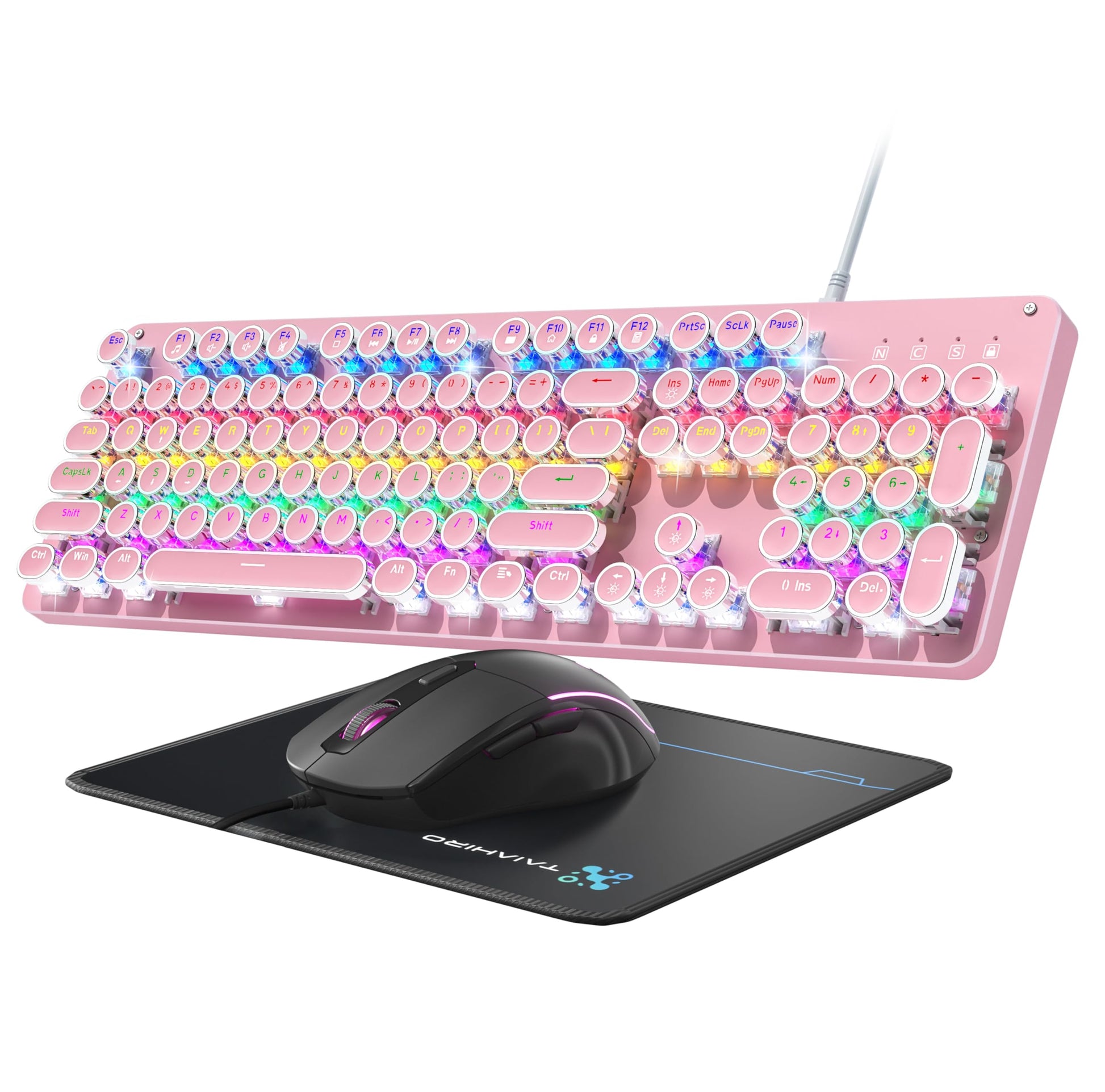 Typewriter Mechanical Gaming Keyboard and Mouse  Metal Panel Retro Keyboards with Round Keycap Blue Switch  Rainbow LED Backlit 104-Key Anti-Ghost Wired Mouse and Pad Combo for PC Laptop Mac Gamer