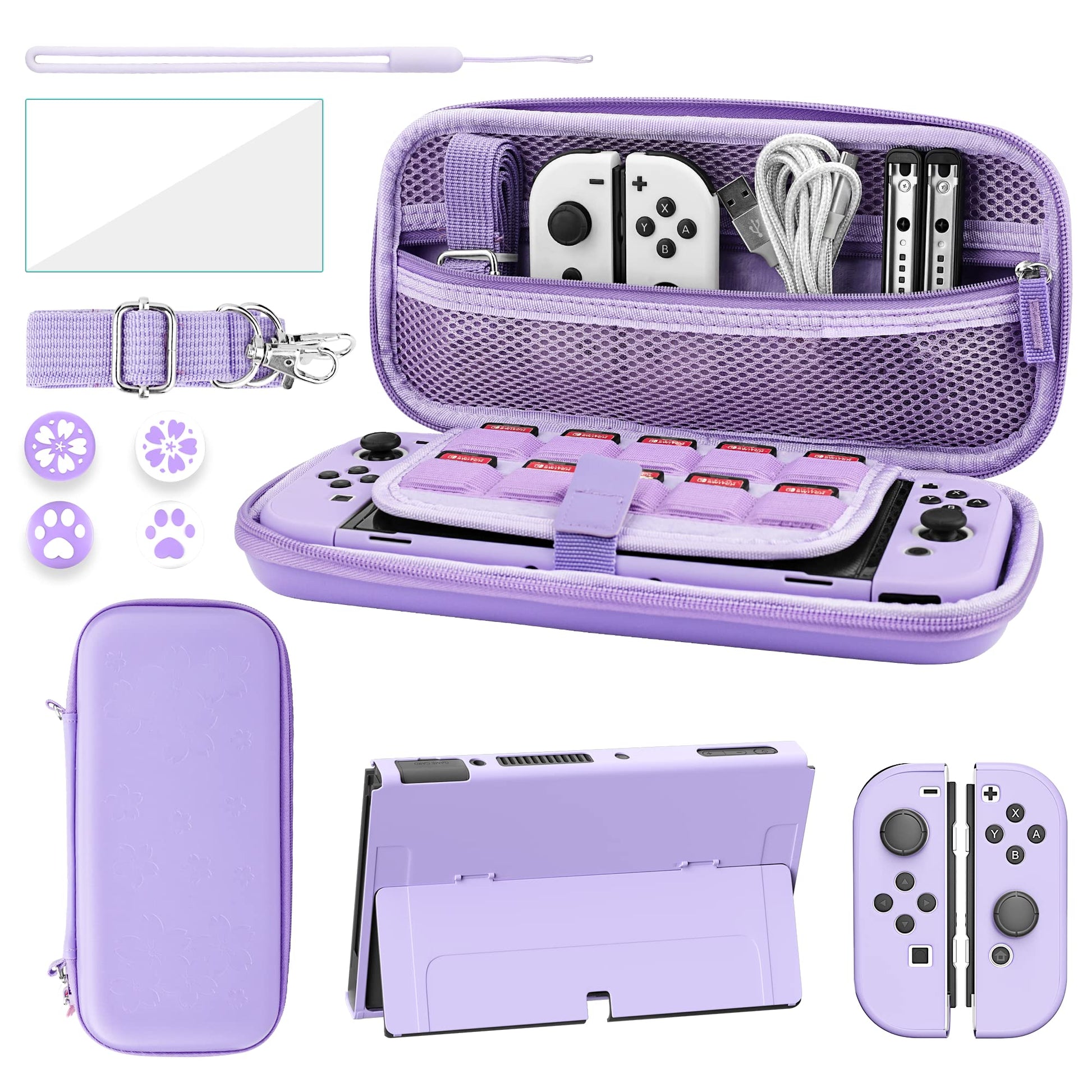 FANPL Case bundle for Nintendo Switch OLED Accessories  Carrying Case for Switch OLED and Joy Con Controller with Hard Flip Protective Case and Screen protector  4 Thumb Grips  Shoulder Strap (Purple)