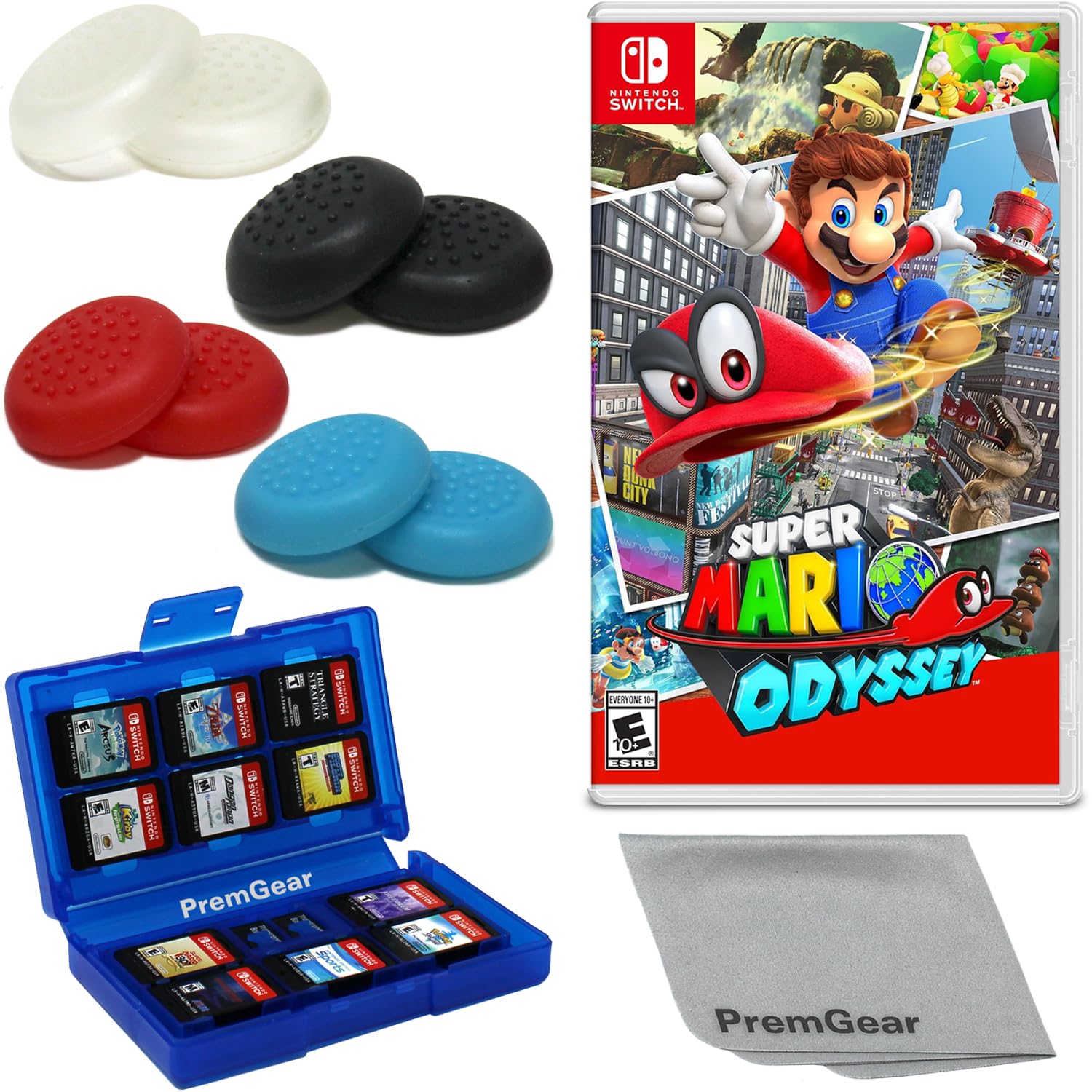 Super Mario Odyssey for Nintendo Switch (US Version)  with PremGear Thumb Grips (8 pack - Black  Blue  Red & Clear)  24 Slot Game Card Holder & Cleaning Cloth