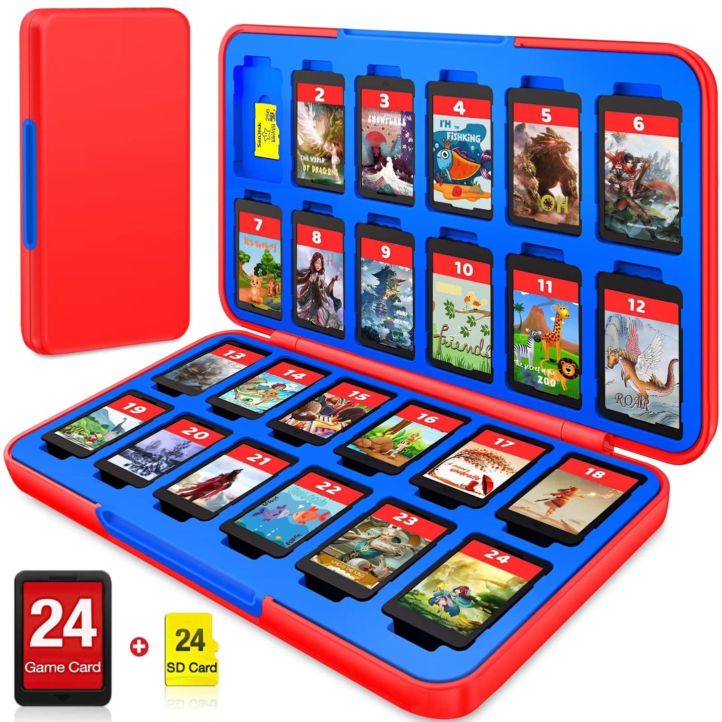 CYKOARMOR Switch Game Case Holder for Nintendo Switch/OLED/Lite Game Card  Switch Game Holder with 24 Game Slots & 24 Micro SD Card Slots  Switch Game Card Case Compact Switch Cartridge Case Red Blue