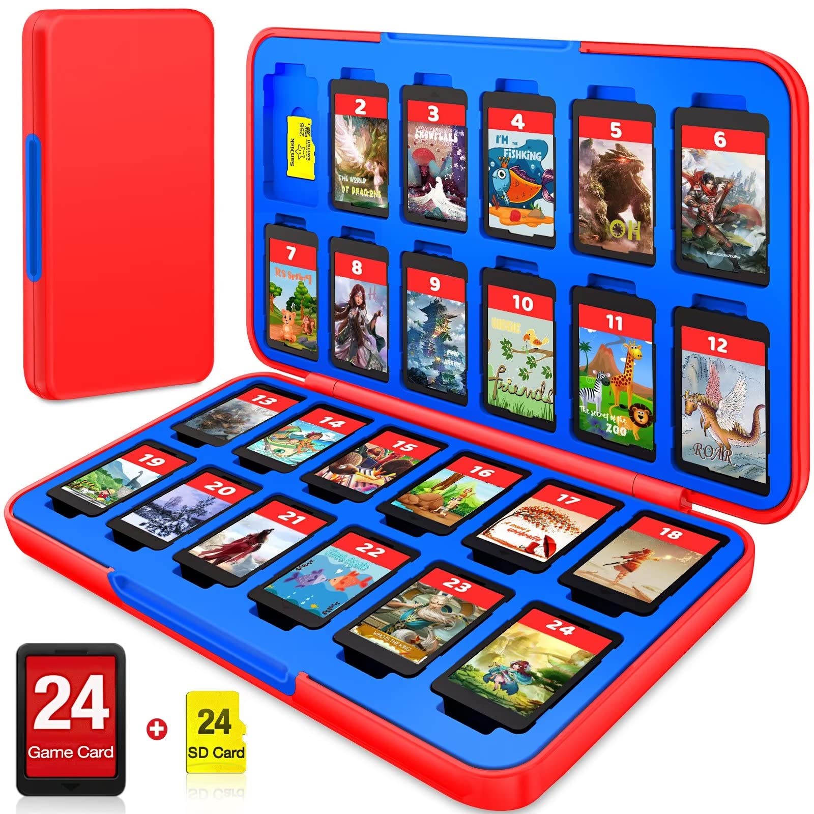 CYKOARMOR Switch Game Case Holder for Nintendo Switch/OLED/Lite Game Card  Switch Game Holder with 24 Game Slots & 24 Micro SD Card Slots  Switch Game Card Case Compact Switch Cartridge Case Red Blue