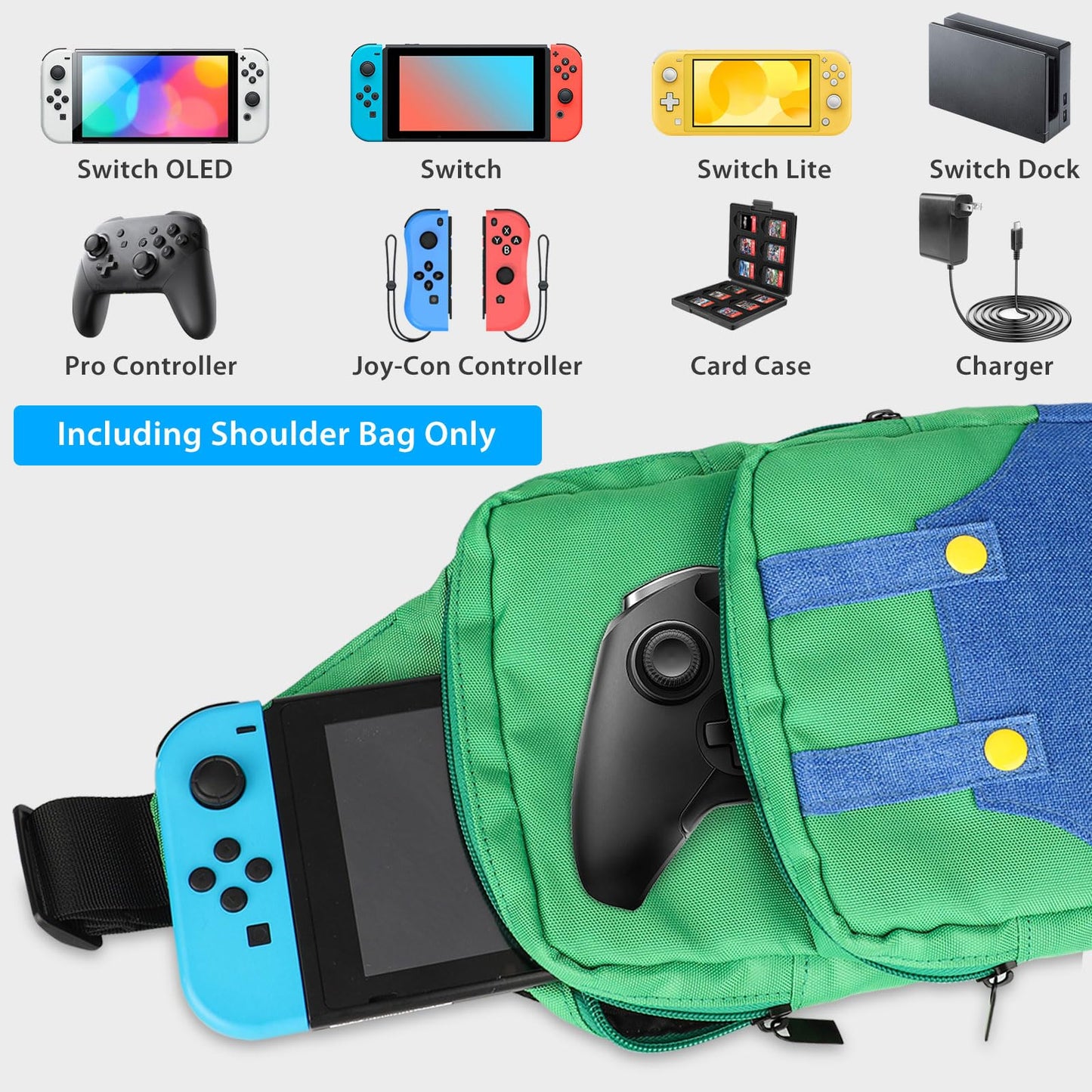 Vadaxx Cute Travel Bag for Nintendo Switch, Large Green Sling Backpack, Waterproof Crossbody Case for NS SD Console & Accessories