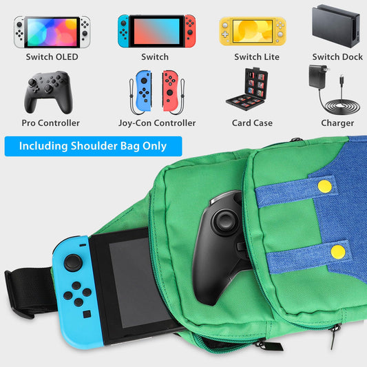 Vadaxx Cute Travel Bag for Nintendo Switch, Large Green Sling Backpack, Waterproof Crossbody Case for NS SD Console & Accessories