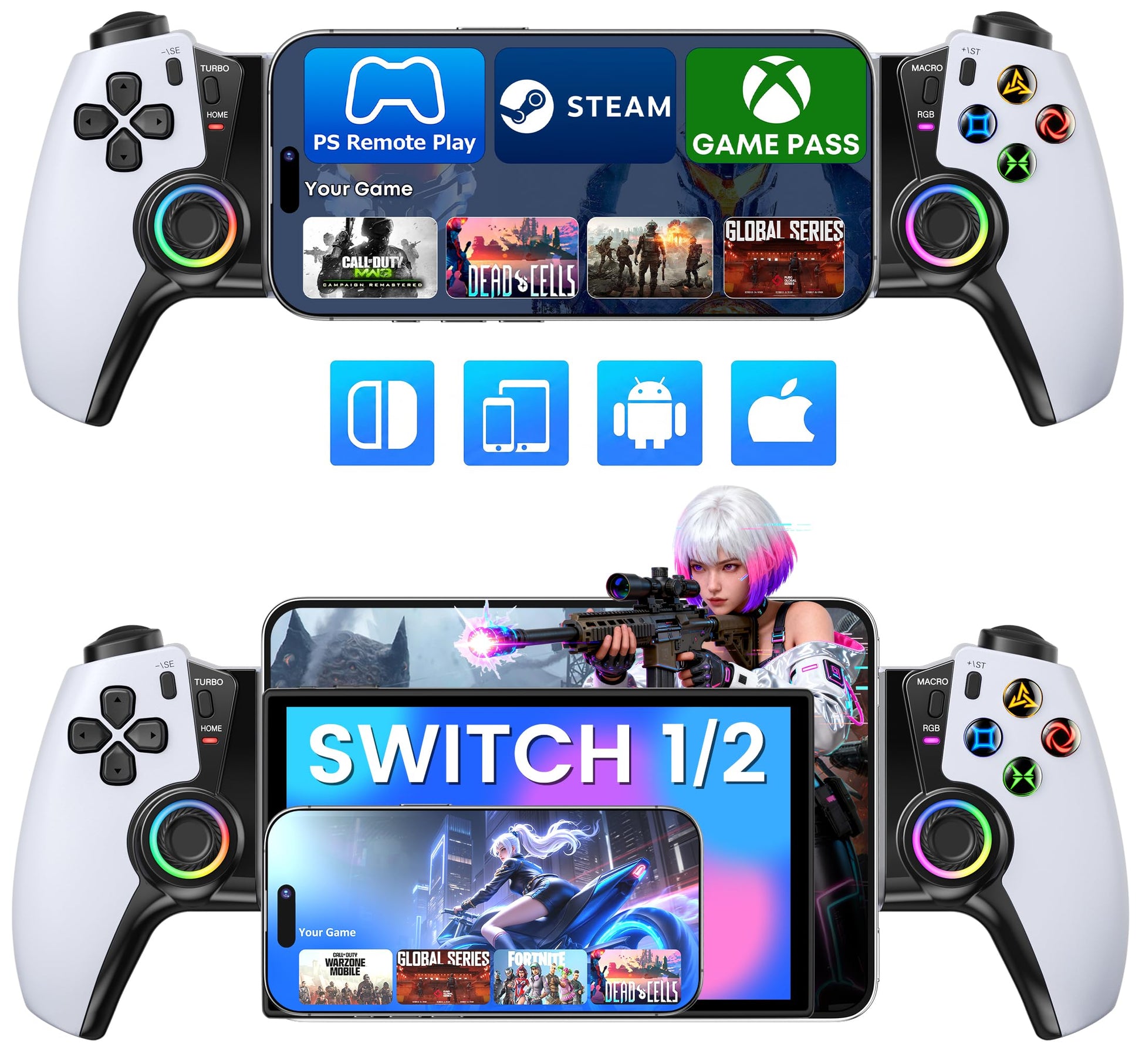 Mobile Gaming Controller for iPhone/Android/Switch 2/Switch/OLED/iPad Mini  Wireless Phone Controller with Hall Joysticks/Hall Triggers/LED  Support PS Remote Play  Xbox Cloud  Steam Link  Roblox