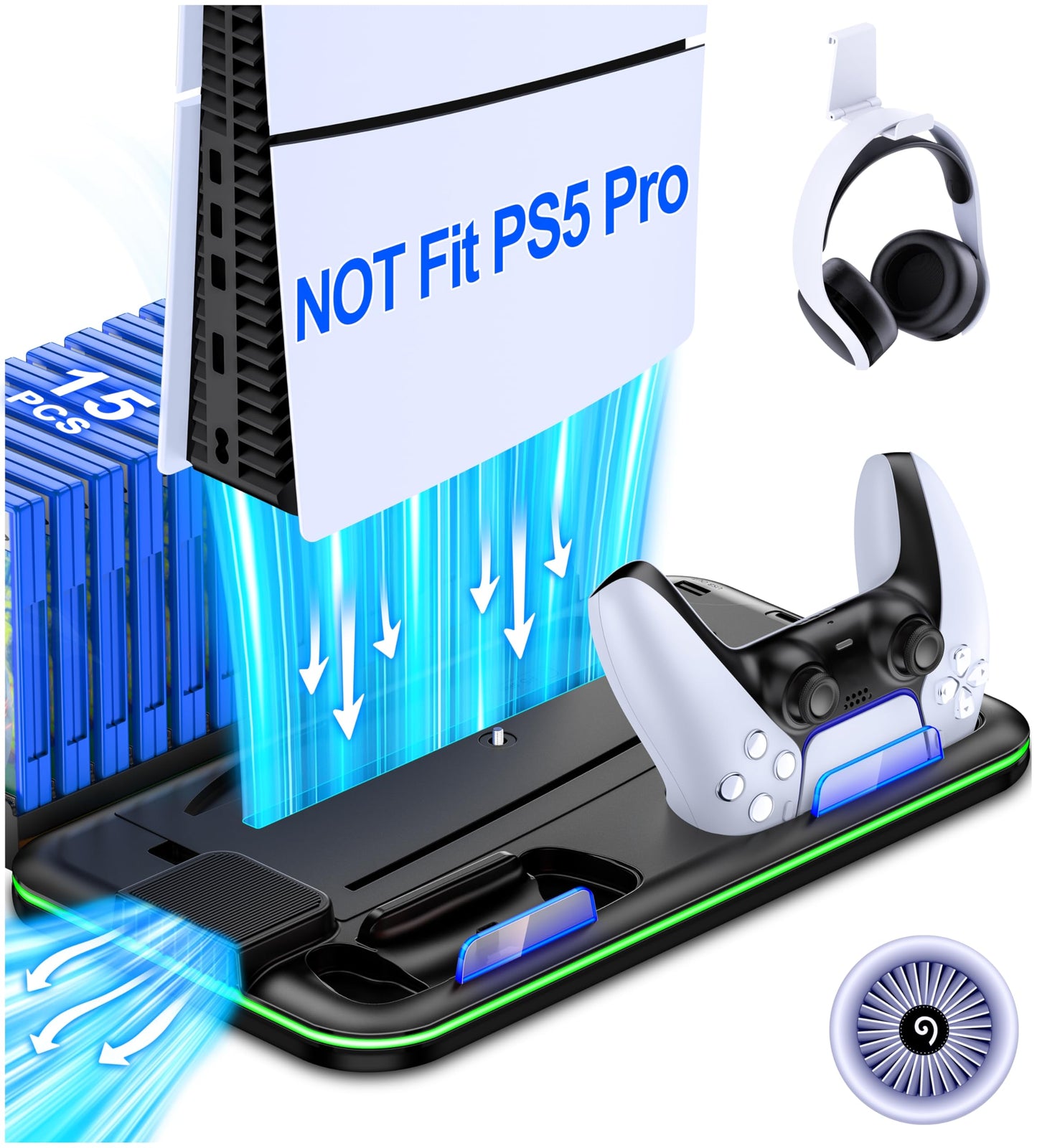 PS5/PS5 Slim Stand and Cooling Station with Controller Charging Station for Playsation 5  PS5 Accessories Kit Incl. 3 Levels Cooling Fan  LED  15 Game Slot  Headset Holder for PS5 Digital/Disc Console