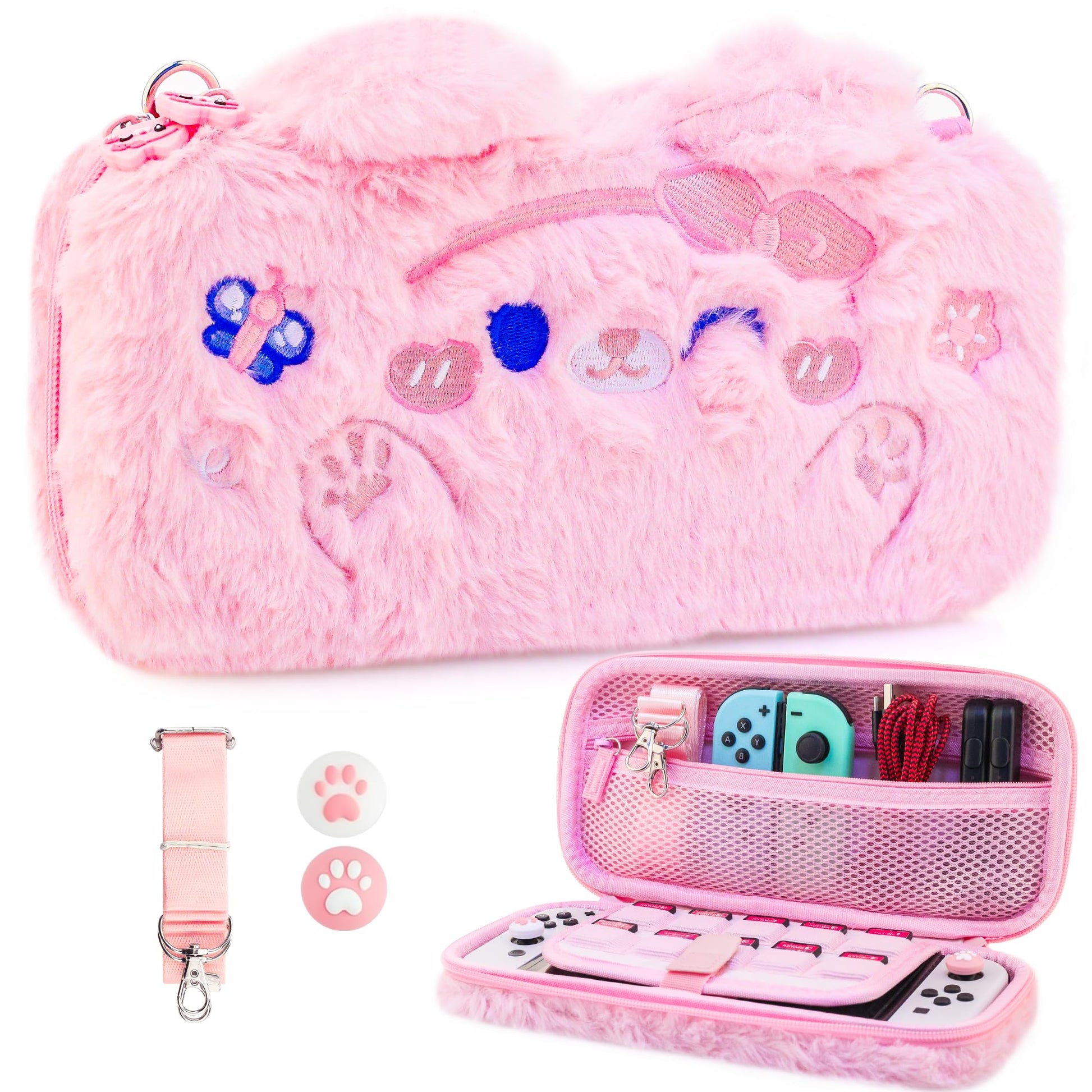 PAWDIARY Pink Cat Plush Bag Carrying Case for Nintendo Switch & OLED Console  Cute Cartoon Portable Tpartyl Case  Storage Carry Bag for Girl with Shoulder Strap Thumb Cap for Nintendo Switch Accessorie