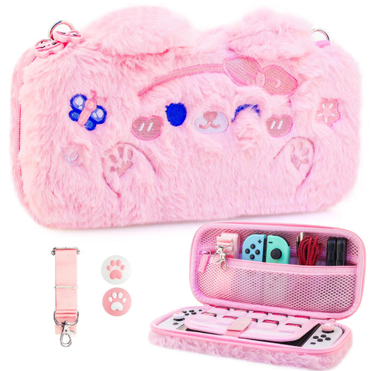 PAWDIARY Pink Cat Plush Bag Carrying Case for Nintendo Switch & OLED Console  Cute Cartoon Portable Tpartyl Case  Storage Carry Bag for Girl with Shoulder Strap Thumb Cap for Nintendo Switch Accessorie