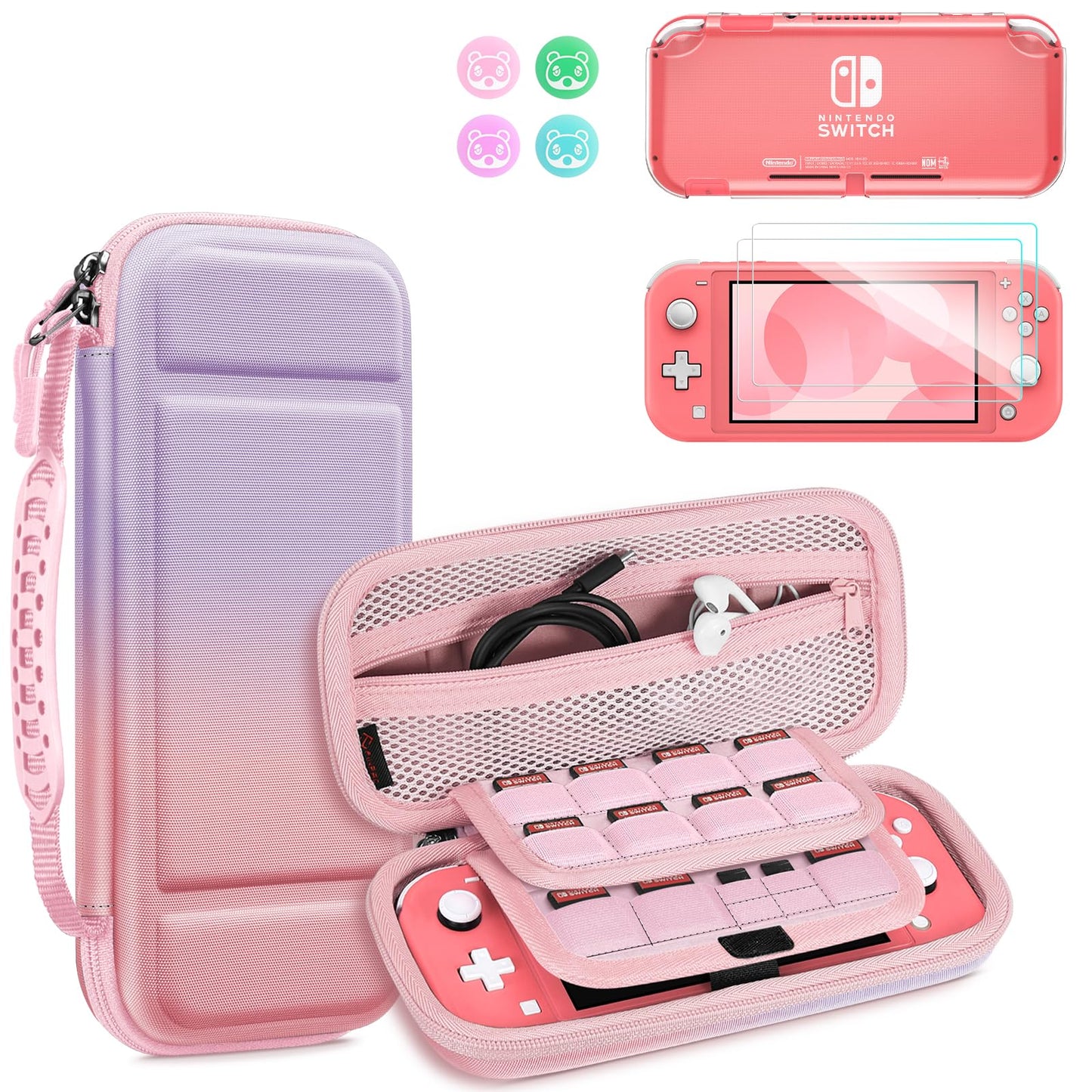Fintie Case for Switch Lite  8 in 1 Switch Lite Accessories Bundle with Carrying Case  Soft TPU Clear Cover  Screen Protector  Joy-Con Thumb Grips  Fantasy Ombre