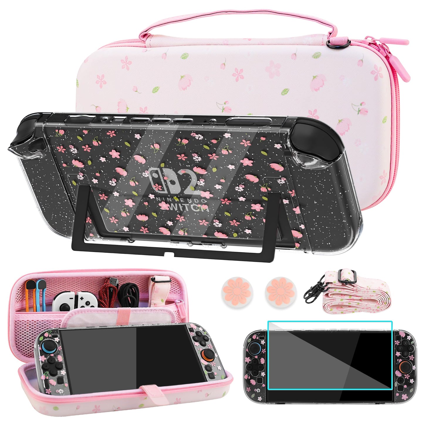 FUNDIARY Travel Carrying Case for Switch 2 with Pink Sakura Design  Cute Accessories with Portable Storage Bag  Glitter Sakura Split Protective Cover  Shoulder Strap  Screen Protector and 2 Thumb Caps