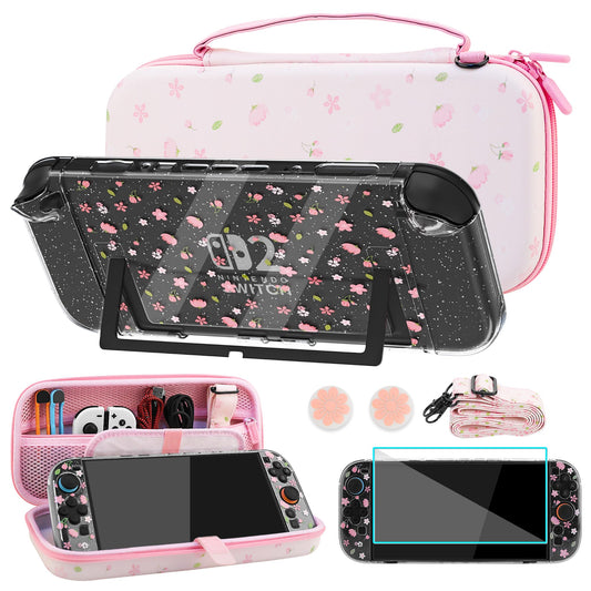 FUNDIARY Travel Carrying Case for Switch 2 with Pink Sakura Design  Cute Accessories with Portable Storage Bag  Glitter Sakura Split Protective Cover  Shoulder Strap  Screen Protector and 2 Thumb Caps