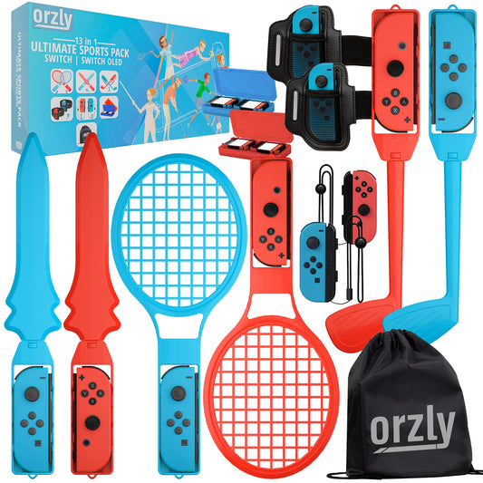 Orzly Switch Sports Games 2024 Accessories Bundle Pack for Nintendo Switch & Switch OLED with Tennis Rackets  Golf Clubs  Chambara Swords  Soccer Leg Straps & Joycon Grips - With Carry Bag