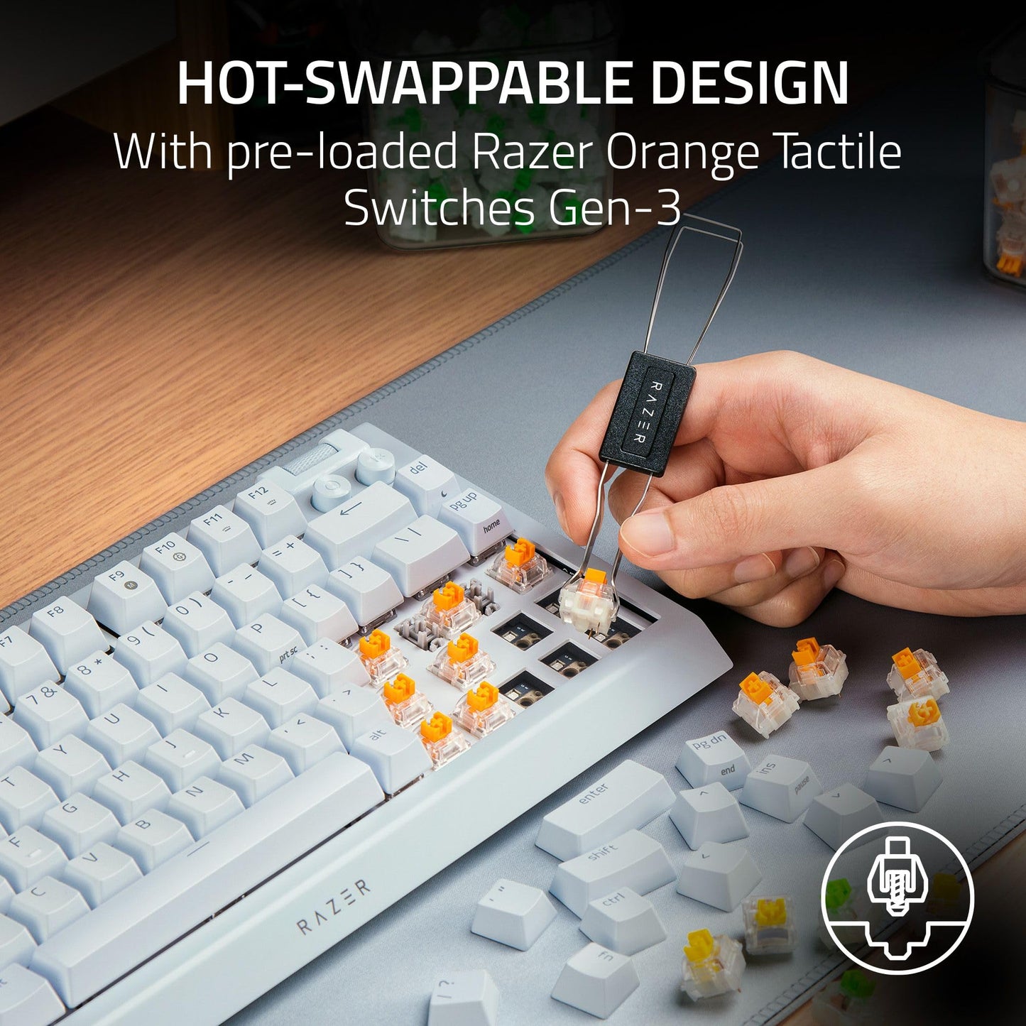 Razer BlackWidow V4 75% Mechanical Gaming Keyboard - Hot Swappable, Orange Tactile Switches, Chroma RGB, White, Model RZ03-05001700-R3