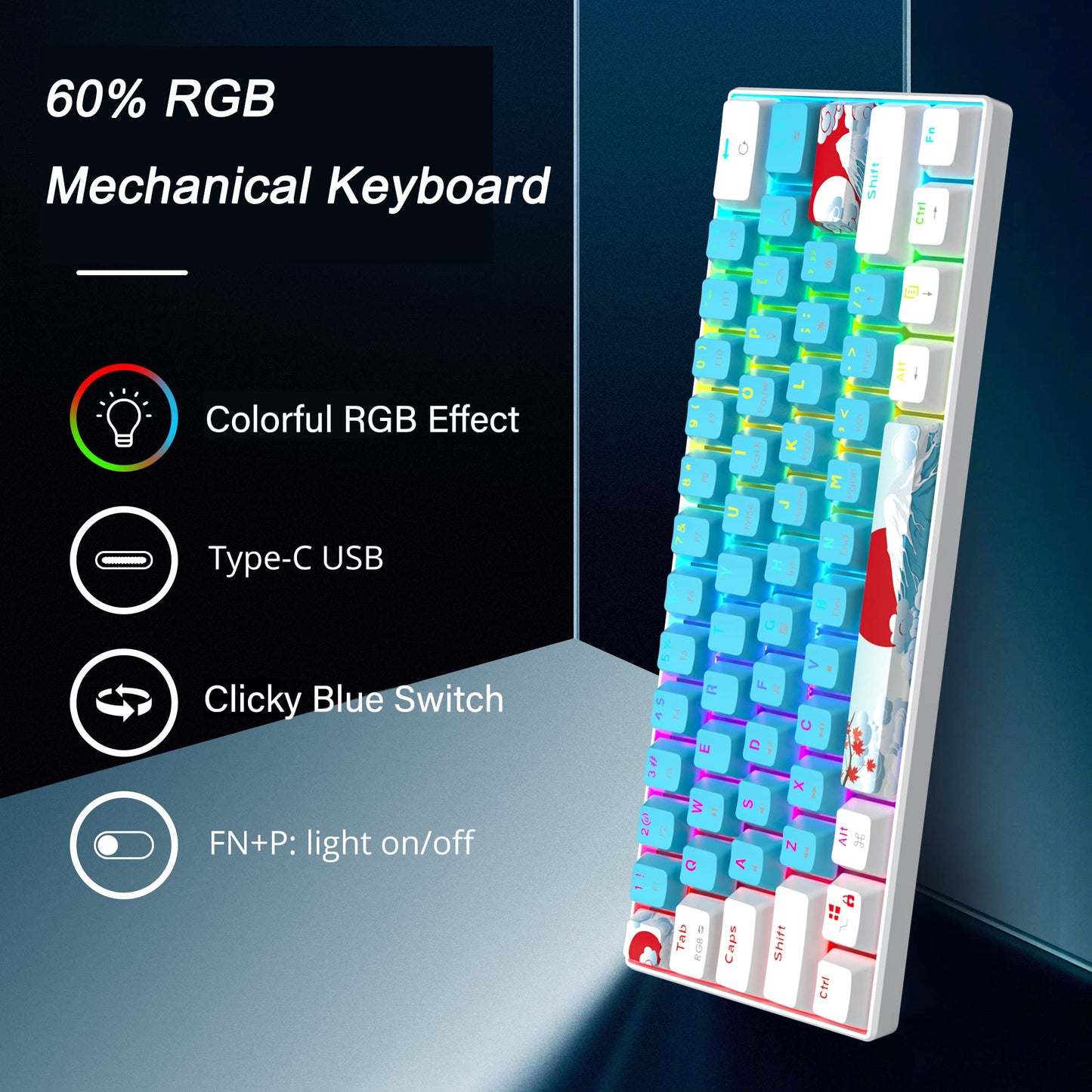 Fogruaden 60% Mechanical Gaming Keyboard - 61 Keys, RGB Backlit, Compact Wired, Blue Switch, Ideal for Win/Mac PC Gamers, Easy to Carry